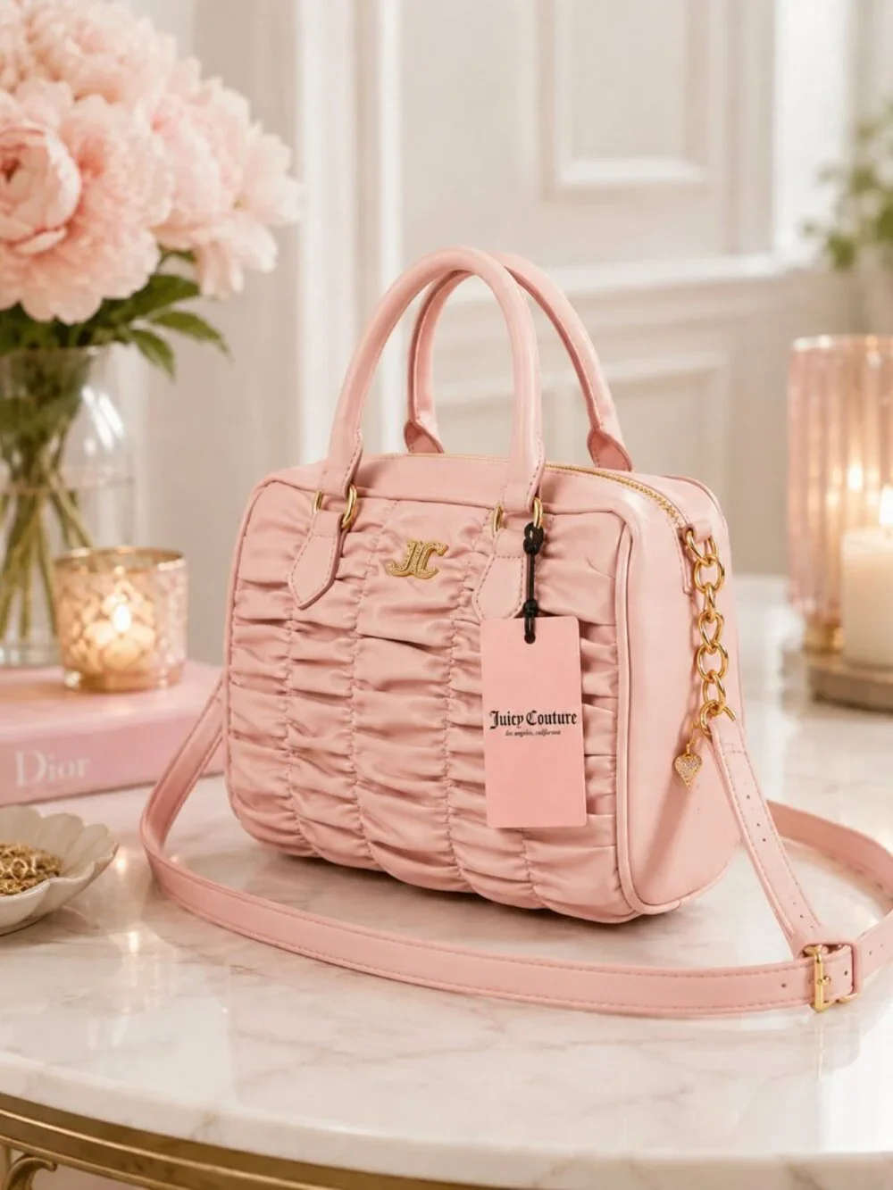 Juicy Couture Run The World Satchel Pink Diamond Ruched NWT
